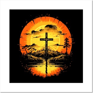 Christian Cross vintage Sunset Posters and Art